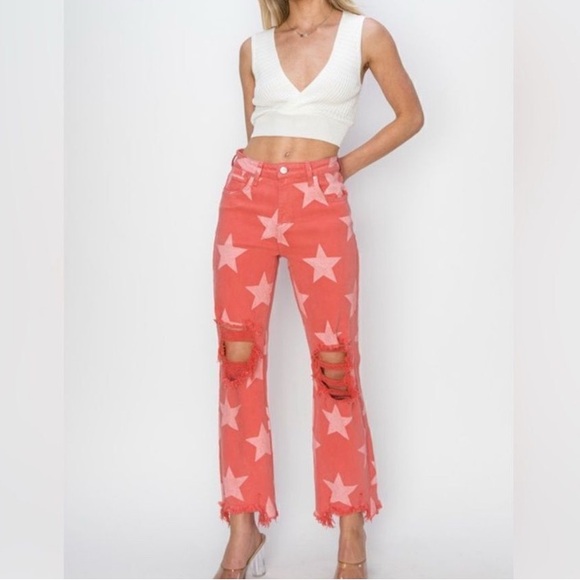 Risen Jeans Denim - NWT Risen Jeans in Peach Pink Denim White Star Print Women’s Size 11/30